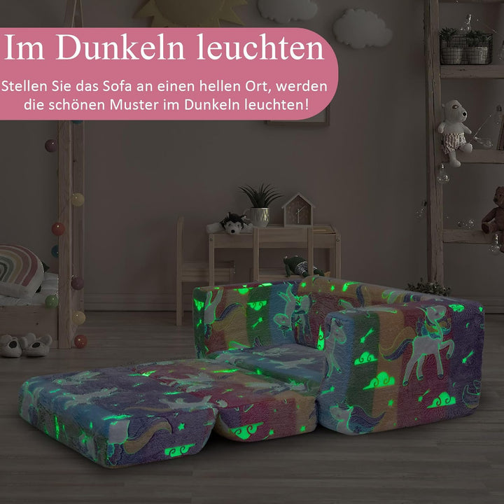 DREAMADE 2-in-1 Kindersofa ausklappbar, Kindersessel aus Flanellstoff mit leuchtenden Mustern, abneh