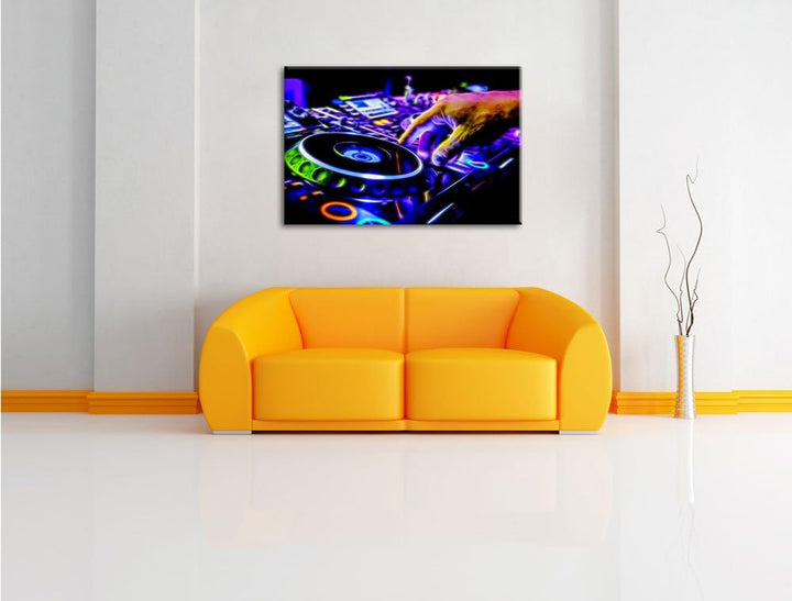Pixxprint DJ Plattenteller, Cool Music Neon Lights Effekt, Format: 100x70 auf Leinwand, 100x70