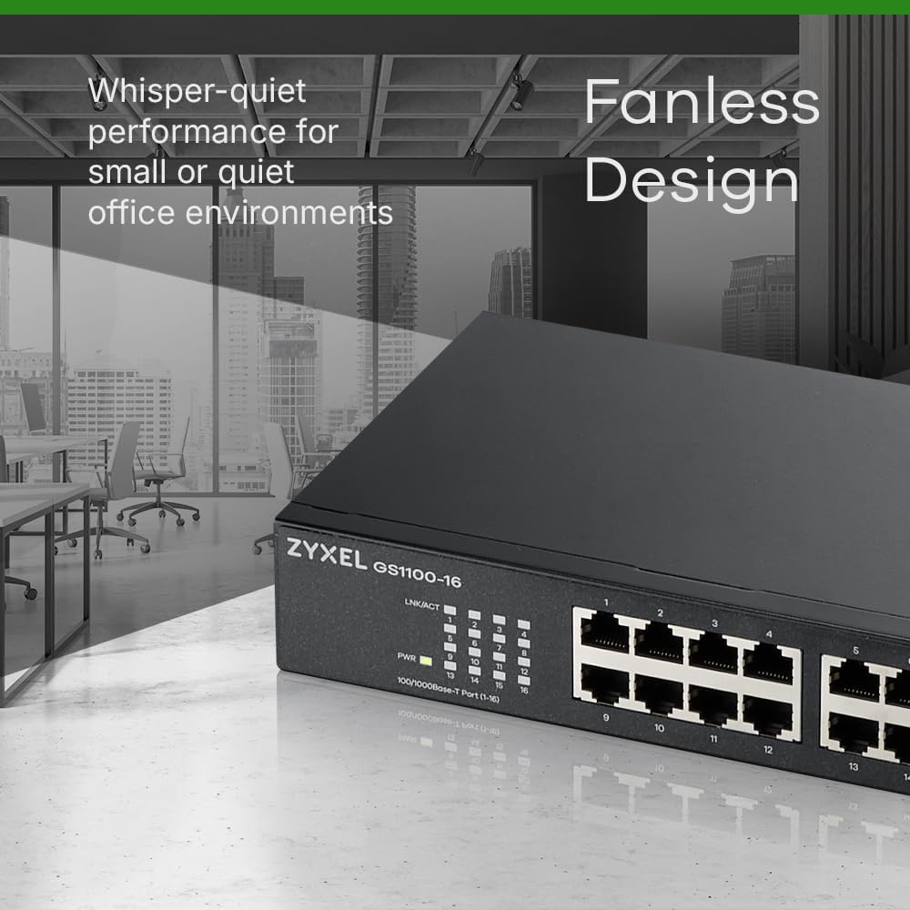 Zyxel 16-Port Gigabit Ethernet Unmanaged Switch - Design ohne Lüfter [GS1100-16v3] Single, Single
