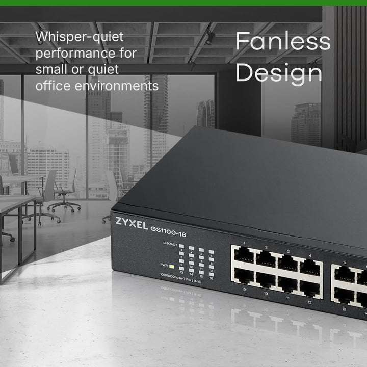 Zyxel 16-Port Gigabit Ethernet Unmanaged Switch - Design ohne Lüfter [GS1100-16v3] Single, Single