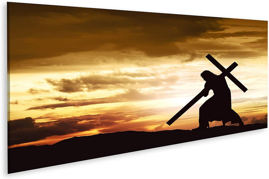 islandburner Bild auf Leinwand Silhouette Jesus Kreuz Hügel Sonnenuntergang Bilder Wandbilder Poster