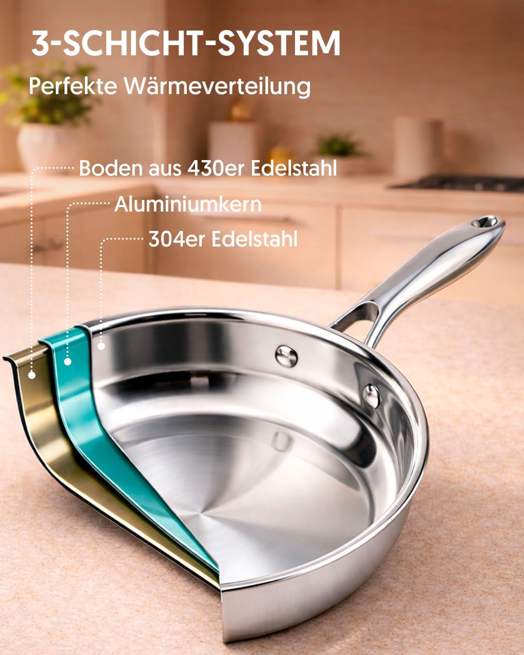 La Moustache - Topf- und Pfannenset 8-teilig, aus Edelstahl ohne Beschichtung, 3 Kochtöpfe mit Glasd