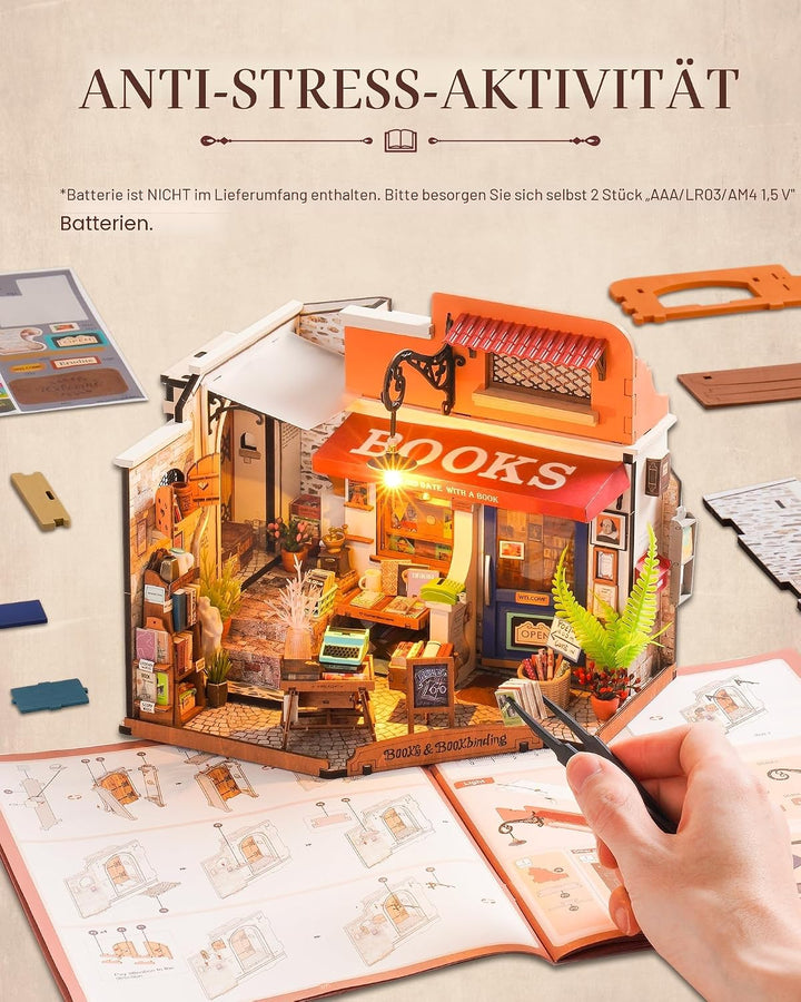 Rolife Puppenhaus Ecke Buchhandlung DIY Miniaturhaus Bausatz Puppenhaus Holzmodellbausatz mit Möbeln
