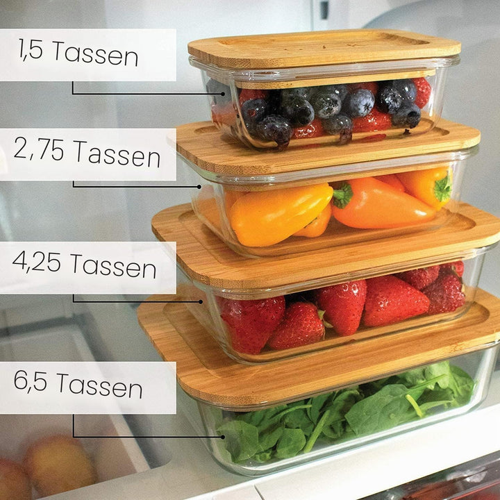 Gramercy 4x Glas Frischhaltedosen mit Deckel, Kunststoff- & BPA-freie Glasbehälter für Küche, Luftdi