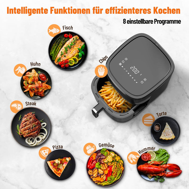 Noaton Heissluftfritteuse 6,2 L, Air Fryer mit Digitalem Touchscreen, 8 Programme, 1600 W, Ohne Öl,