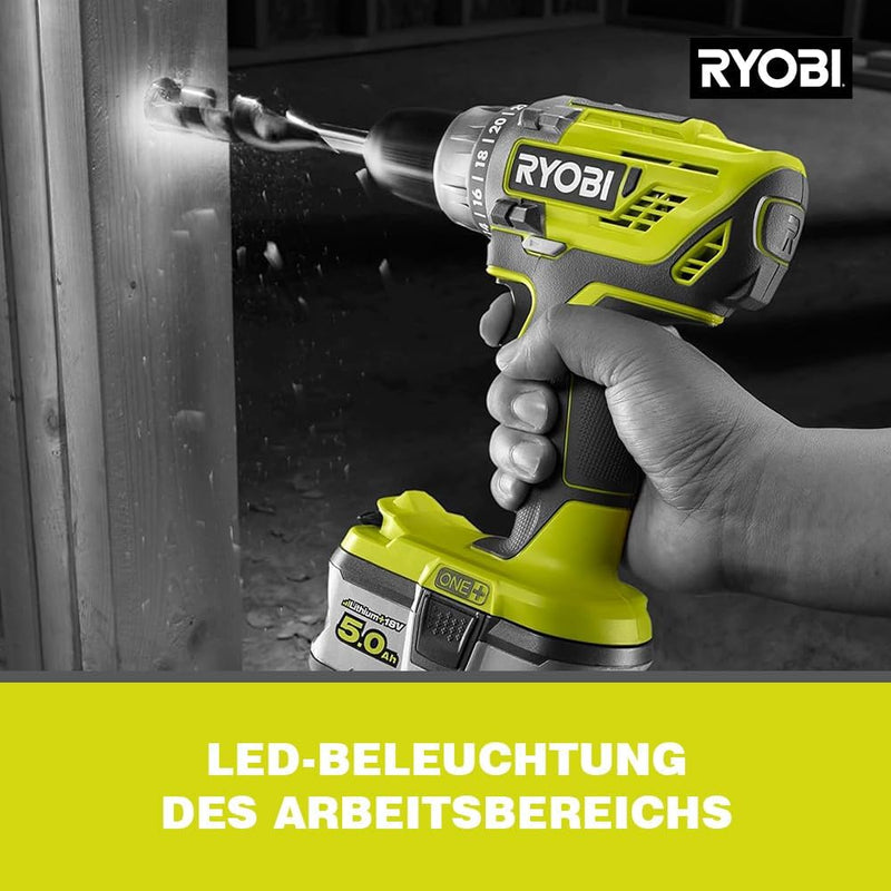 RYOBI 18V ONE+ Akku-Bohrschrauber R18DD3-215S (2-Gang-Getriebe, max. Drehmoment 50Nm, Drehmomentstuf