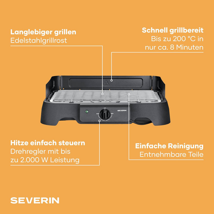 Severin Elektrogrill, Temperaturen 35-200 Grad Celsius, schnelles Aufheizen, 38x22 cm, Tischgrill mi