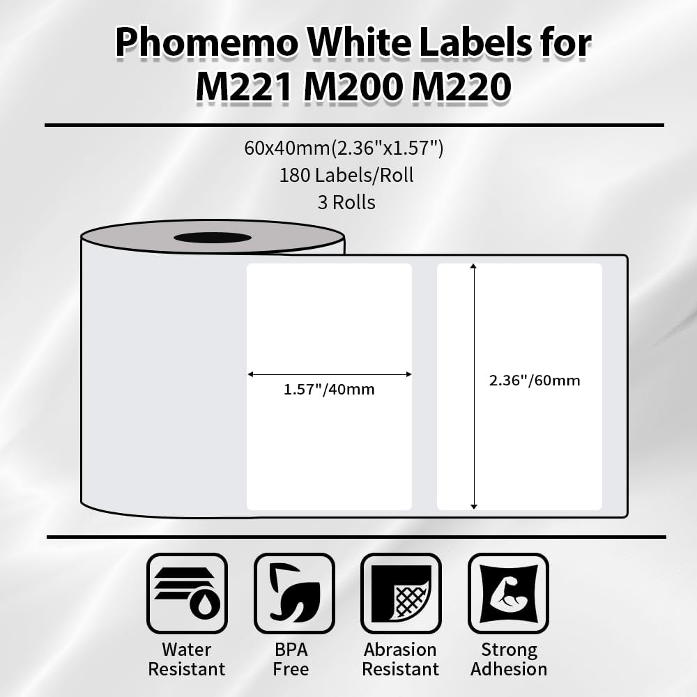 Phomemo M220/M221/M200 Selbstklebende Etiketten, 2.36" x 1.57" (60x40 mm) Thermoetiketten papier für