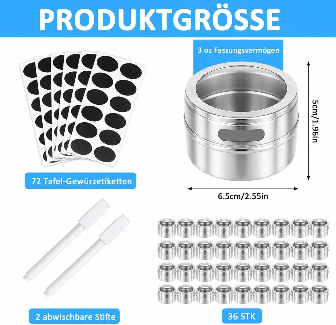 LYCN 36er Set Magnetische Gewürzdosen aus Edelstahl, 90ml Gewürzbehälter mit Sichtfenster, Platzspar