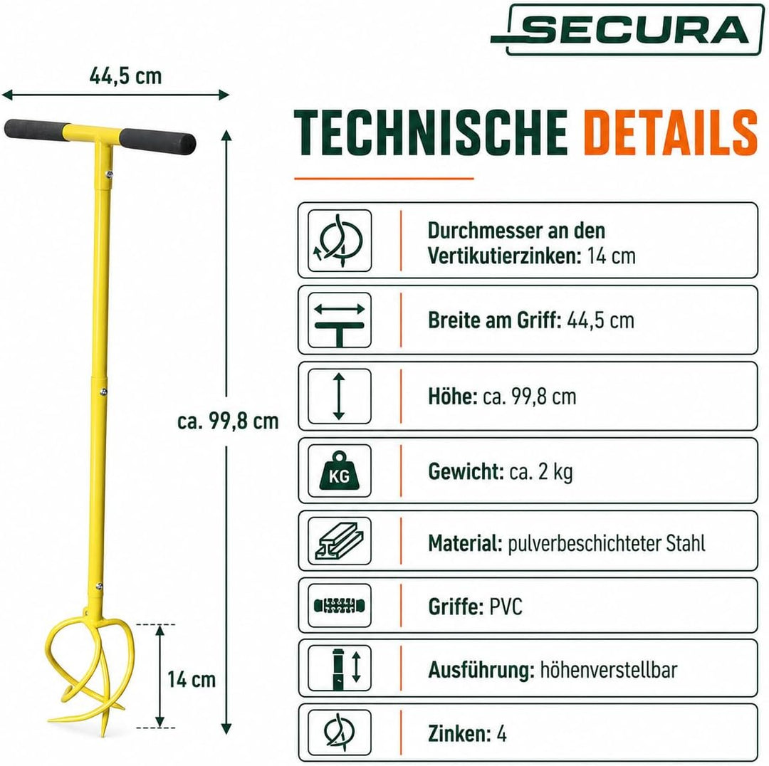 SECURA Gartenkralle und Vertikutierer Handvertikutierer 4 Zinken, höhenverstellbarer Kultivator Erdk