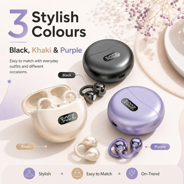 Bluetooth Kopfhörer 6.0, Open Ear Clip-On Kopfhörer Kabellos mit ENC Mikrofon, LED Anzeige, 48H Akku