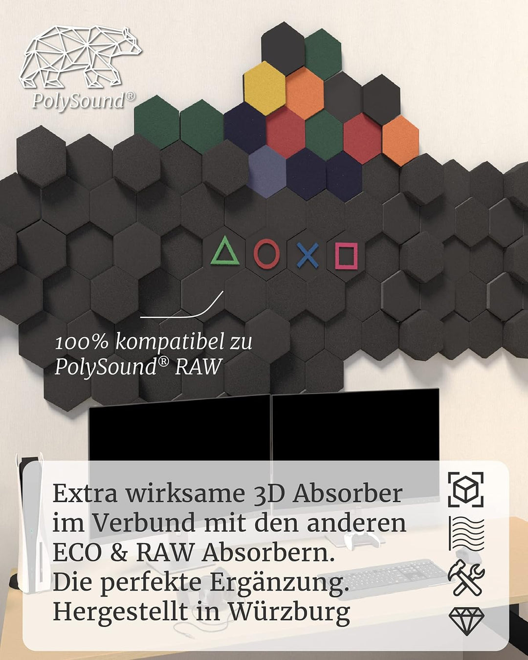 PolySound® ECO Akustikpaneele selbstklebend - 4 Gaming Schallabsorber Motiv – Erweiterungsset für RA