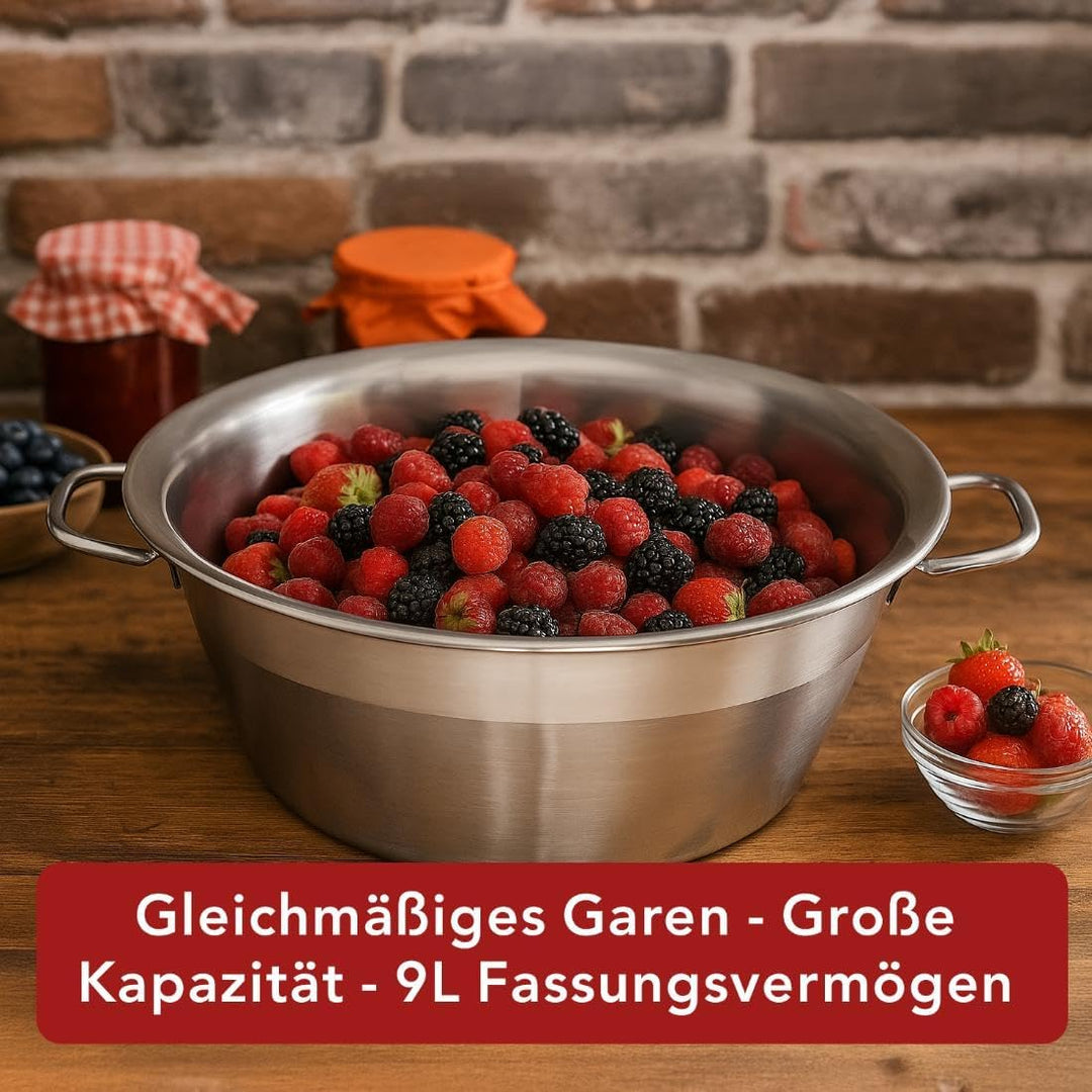 Baumalu - 38 cm Marmeladentopf aus Edelstahl, 9L Fassungsvermögen, Metallgriffe, für alle Herdarten