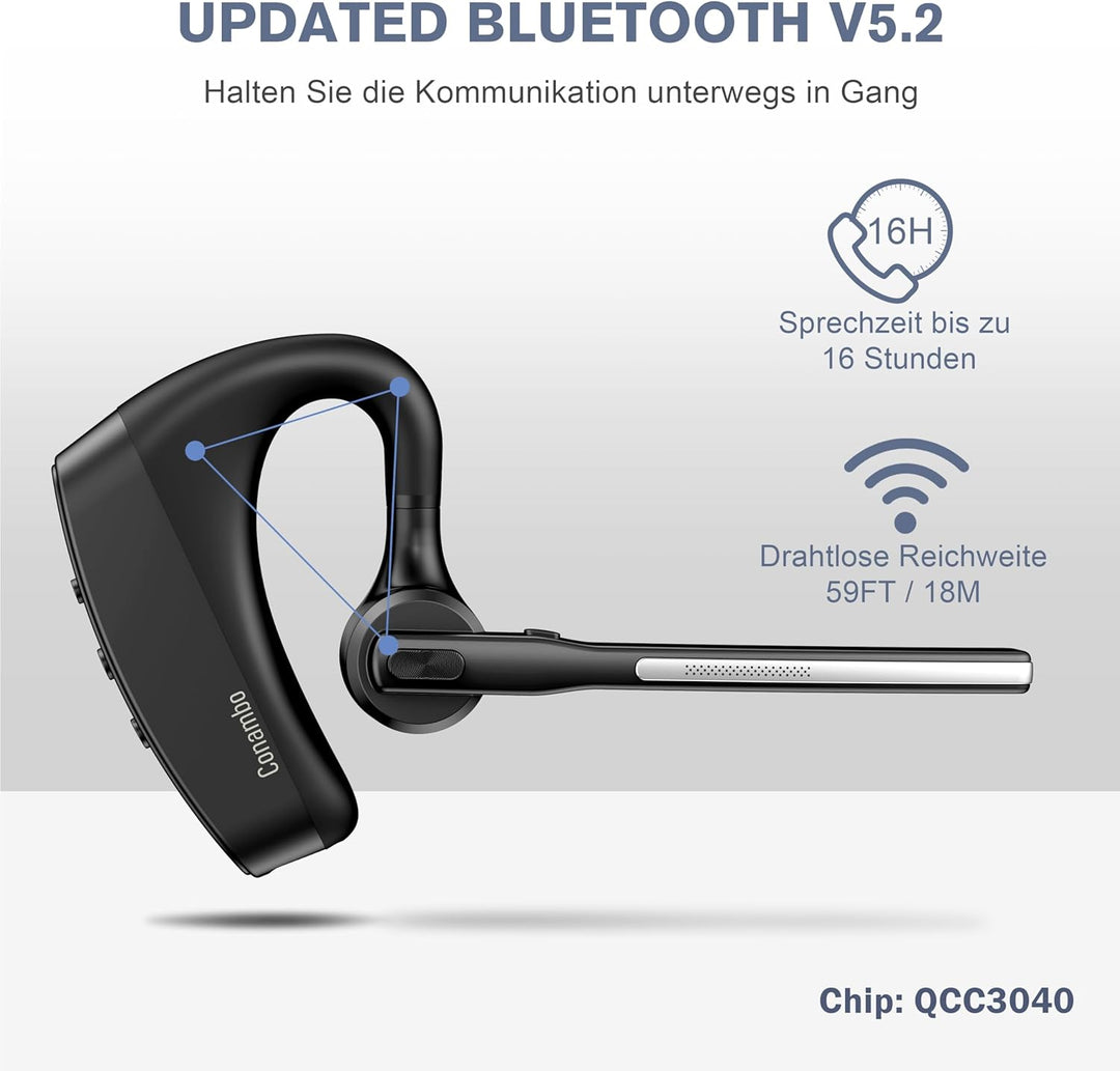 Conambo Bluetooth Headset V5.2, kabelloser Ohrhörer mit 750-mAh-Ladeetui, 64 Stunden Gesprächszeit,