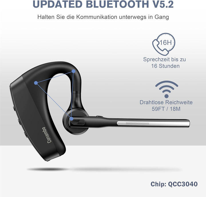 Conambo Bluetooth Headset V5.2, kabelloser Ohrhörer mit 750-mAh-Ladeetui, 64 Stunden Gesprächszeit,