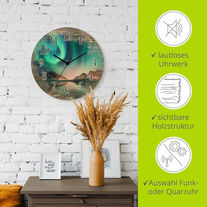 ARTLAND Wanddeko Wanduhr ohne Tickgeräusche aus Holz Funkuhr lautlos rund Ø 30 cm Auroraborialis - N