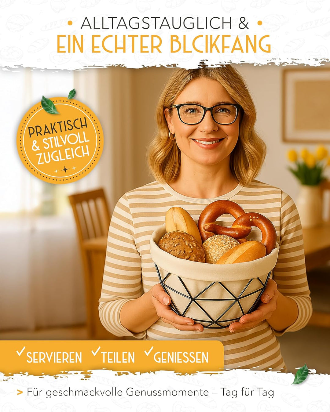 KRUSTENZAUBER Brotkorb modern mit Metallgestell - Waschbares Brotkörbchen für Brot & Brötchen - 20cm
