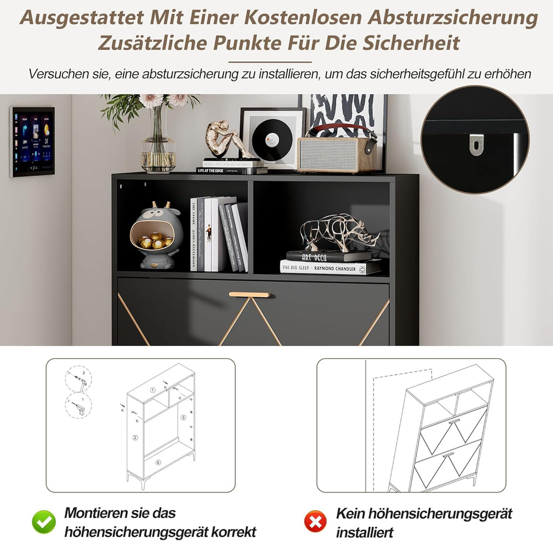 ModernLuxe Schuhschrank Schwarz mit 2 Klapptüren, 4-Fächer Schuhkommode 80×25×117 cm mit Halboffenen