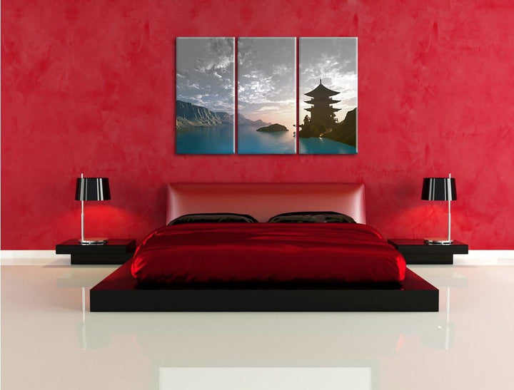 Pixxprint Tempel in Tal / 3-Teilig/Gesamtmass 120cm Leinwandbild bespannt auf Holzrahmen/Wandbild Ku