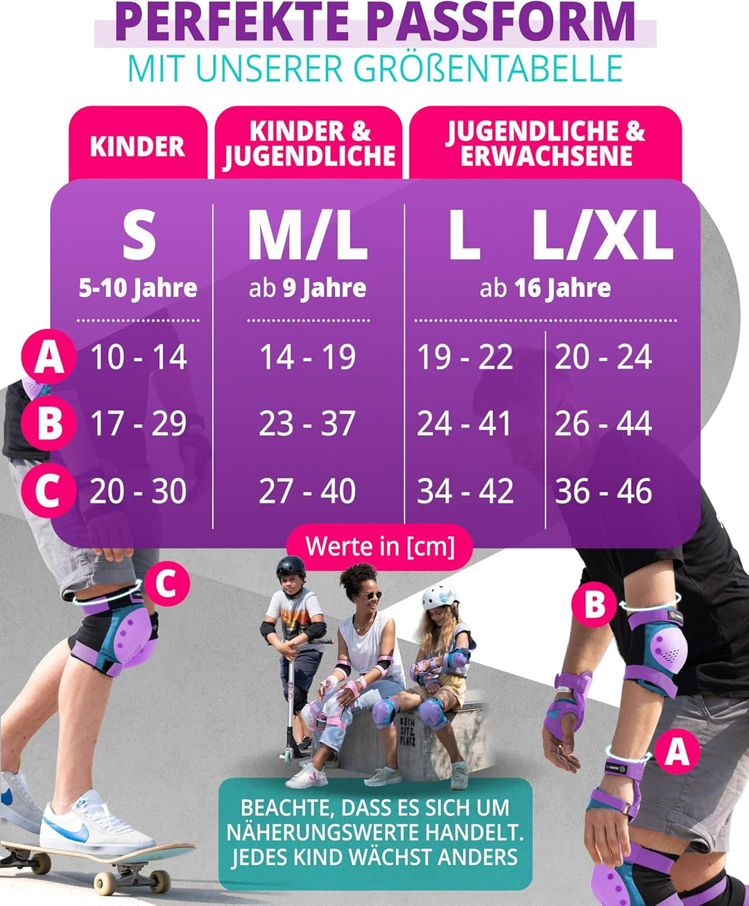 SKATEWIZ Skate Protektoren für Kinder &amp; Erwachsene in 6 Farben - Knieschützer Kinder Set [6pc] SMASH