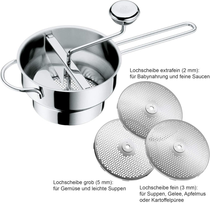 WMF Gourmet Passiermühle mit 3 Lochscheiben, 19 x 11,5 cm, Cromargan Edelstahl poliert, zerlegbar &