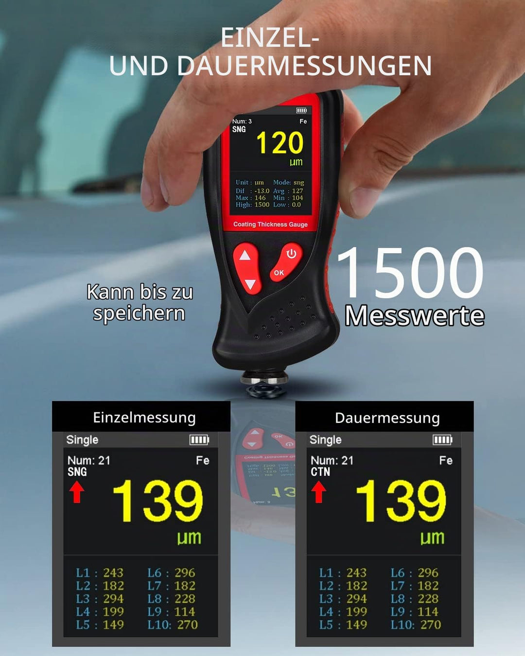 Wintact Schichtdickenmessgerät, Farbtester, Karosserie-Schadensdetektor mit 1500 Gruppen Datenerfass