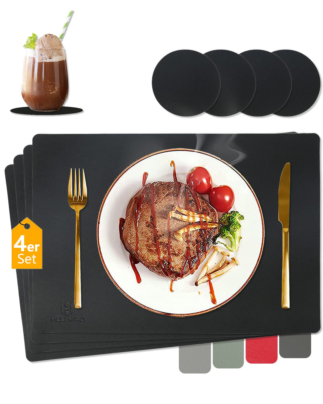 Tischsets Abwaschbar,Platzsets Abwischbar,Hitzebeständig 4er set Leder mit Untersetzer,Platzdeckchen