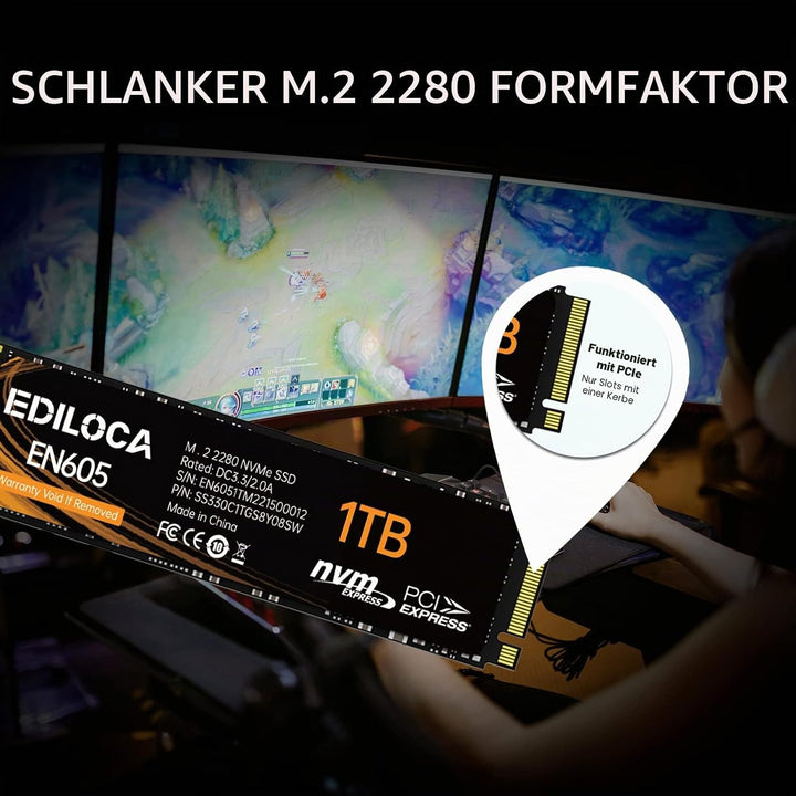 Ediloca EN605 256GB M.2 SSD, NVMe1.3 PCIe Gen3 x4 SSD 3D NAND TLC Interne Festplatte, M.2 2280 - Les