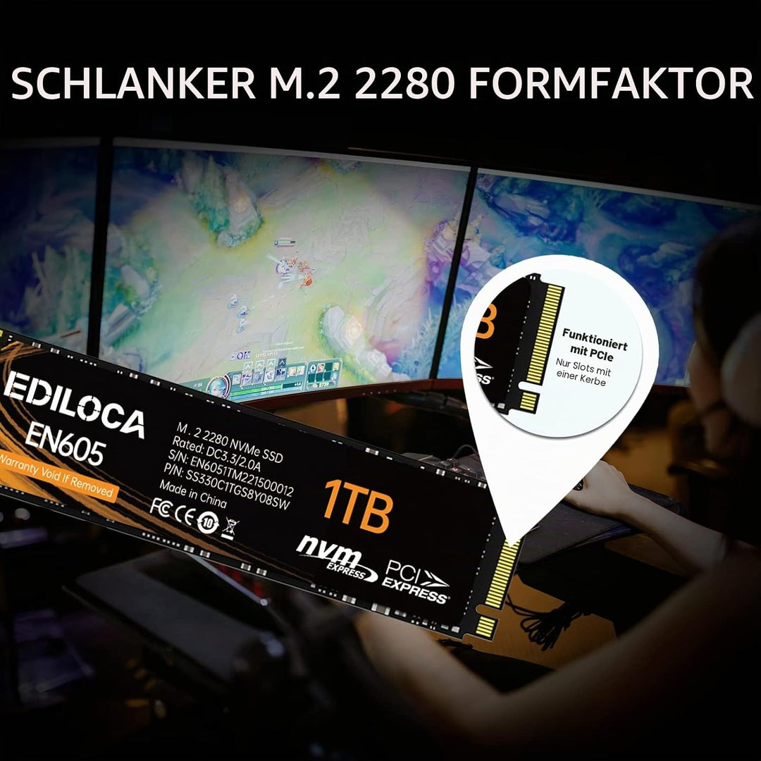 Ediloca EN605 1TB M.2 SSD, NVMe1.3 PCIe Gen3.0x4 SSD 3D NAND TLC interne Festplatte, M.2 2280 - Lese