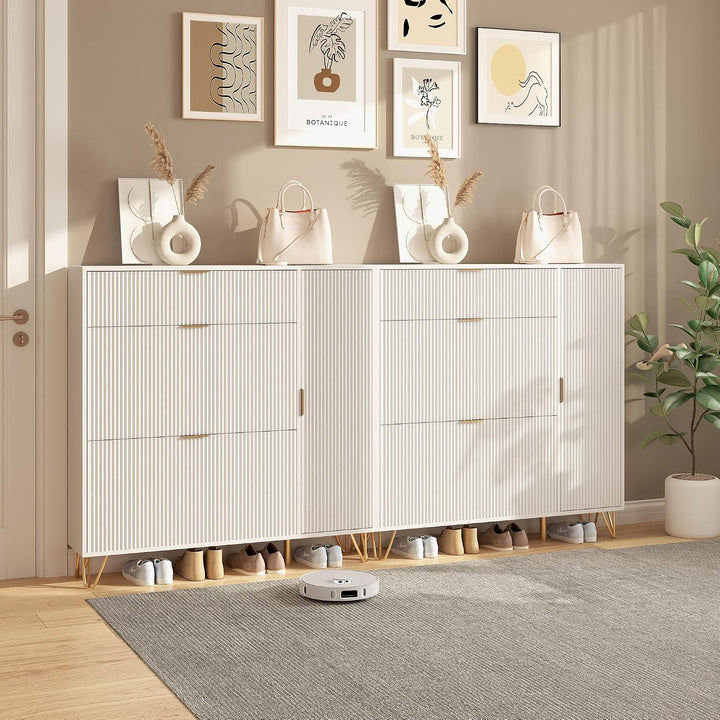 2er Set Schuhschrank mit 2 Klappen und 2 Türen, Weiss Schuhregal Schuhkipper Schmal, Anti-Kipp-Vorri