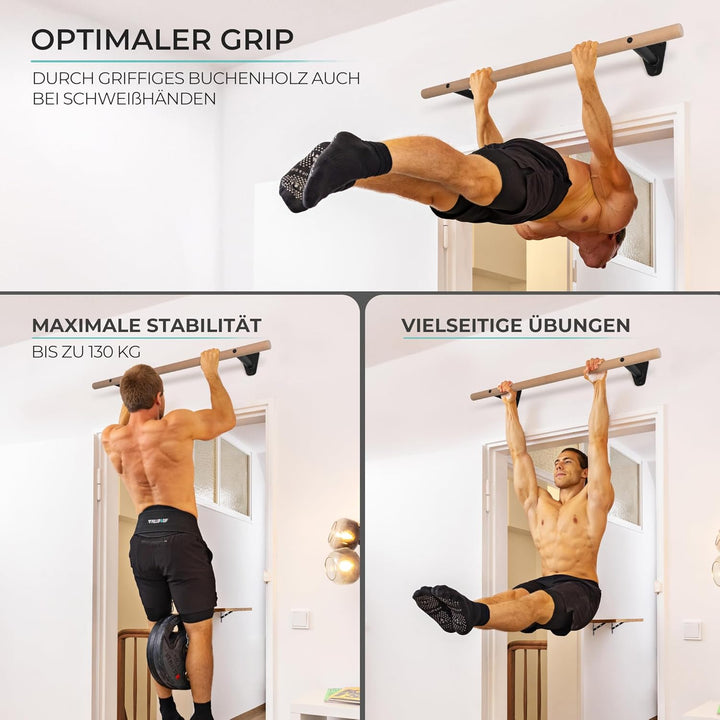 PULLUP & DIP Klimmzugstange Holz – Buchenholz Pull Up Bar zur Wandmontage über dem Türrahmen – 40 mm