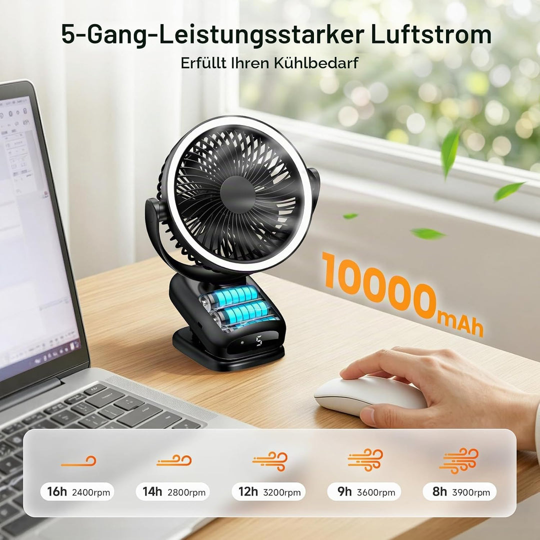 WUQNGI Mini Ventilator Leise,10000mAh USB Tischventilator Akku Aufladbar,Clip Ventilator Oszillieren