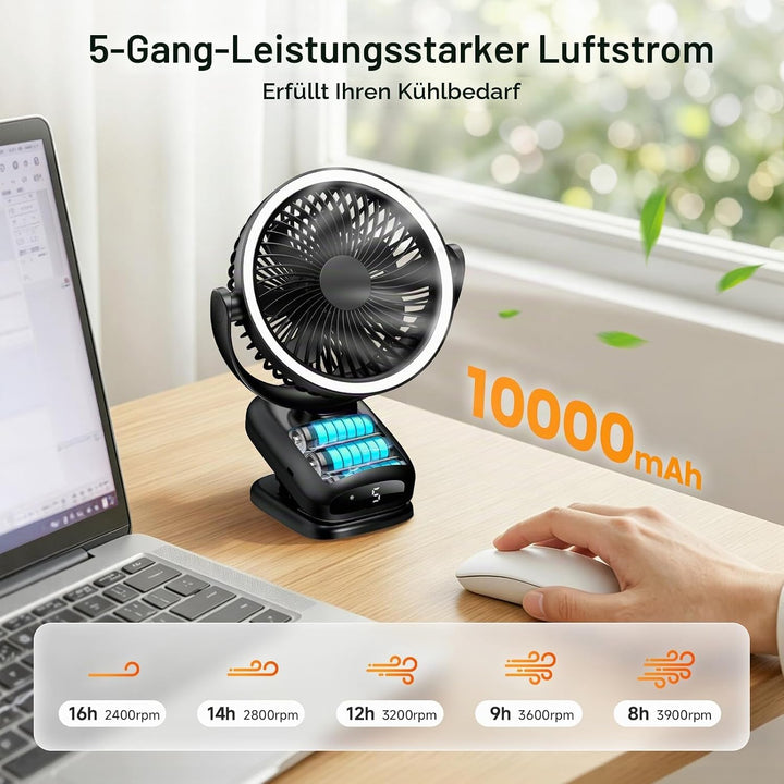 WUQNGI Mini Ventilator Leise,10000mAh USB Tischventilator Akku Aufladbar,Clip Ventilator Oszillieren