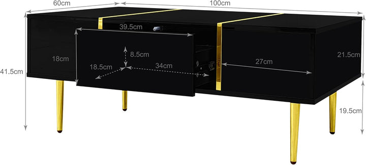 BTM Moderner Couchtisch in Schwarz mit Hochglanz und 2 Schubladen, 100 cm (L) x 60 cm (B) x 41,5 cm