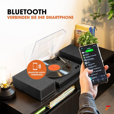 Fenton RP165B Bluetooth Plattenspieler mit Lautsprecher, Schallplattenspieler, Abdeckhaube, Auto Sto