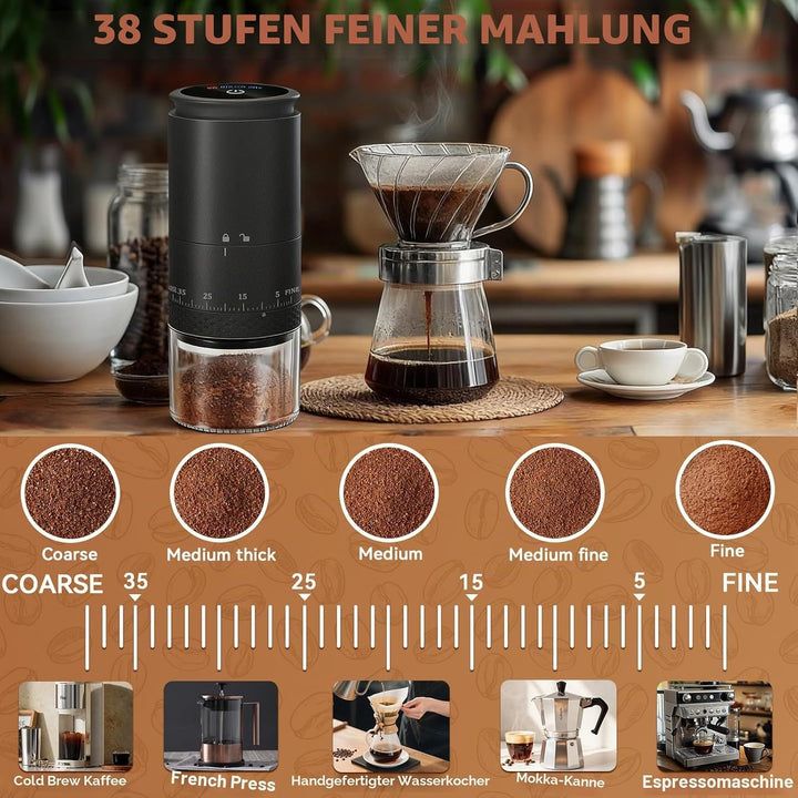 Kaffeemühle Elektrisch, USB Wiederaufladbare Tragbare Kaffemühle mit 38-stufiger Mahlgrad-Einstellun