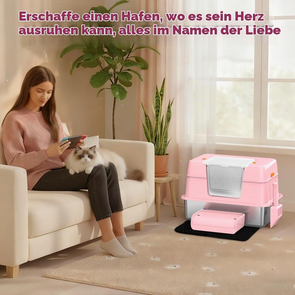 Vivifying Katzenklo Edelstahl mit Deckel, XL Leicht zu Reinigen und Geruchsresistent Katzentoilette