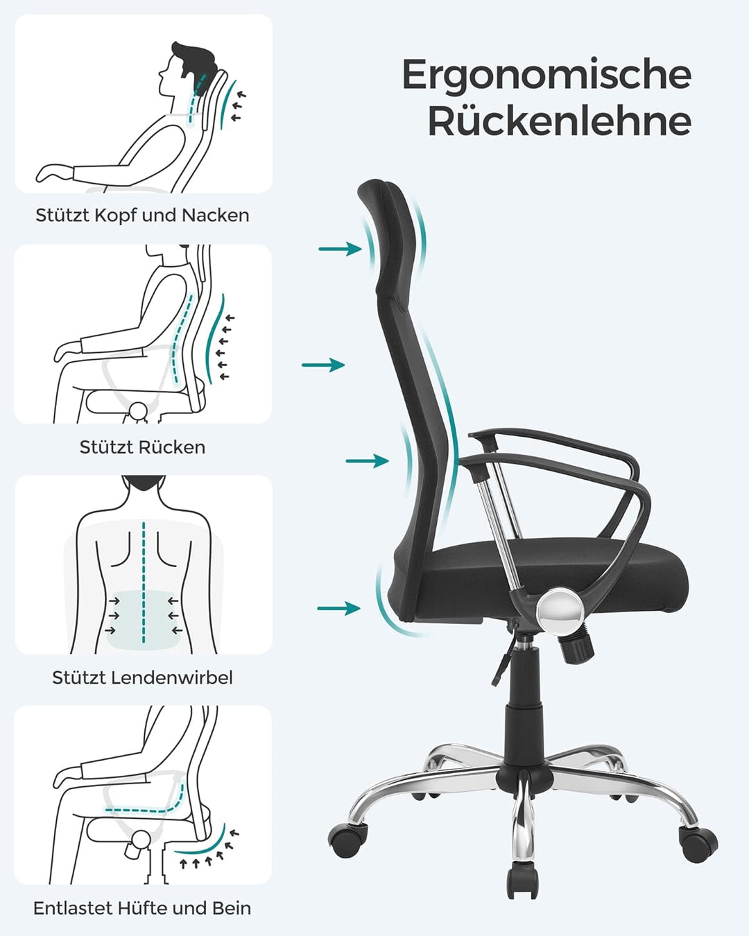 SONGMICS Bürostuhl, ergonomischer Schreibtischstuhl, Drehstuhl, gepolsterter Sitz, Stoffbezug, höhen