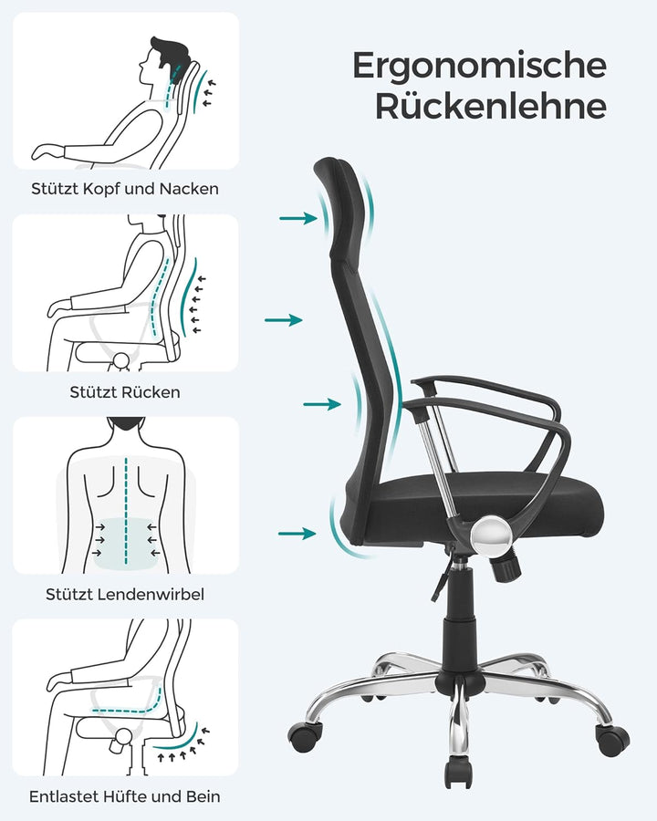 SONGMICS Bürostuhl, ergonomischer Schreibtischstuhl, Drehstuhl, gepolsterter Sitz, Stoffbezug, höhen