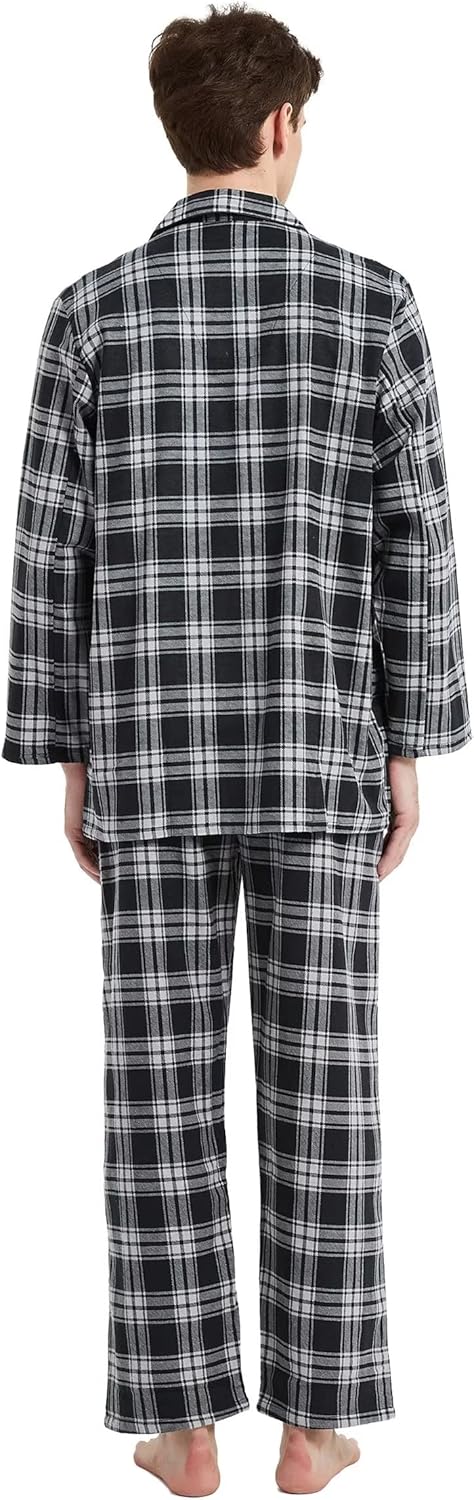Amaxer Flanell Schlafanzug Herren 100% Baumwolle Pyjama mit Knopfleiste Set Lang Warmer Winter Schla