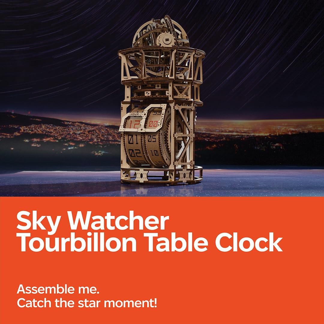 UGEARS Sky Watcher Schreibtischuhr – Vatertagsgeschenk, astronomische Tischuhr, Holzmodellbausätze f