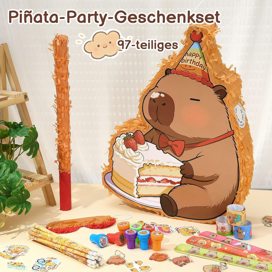 Pinata Geburtstag Capybara mit Stab&Maske für Mädchen und Jungs,Capybara Pinata Set mit 96 Füllungen