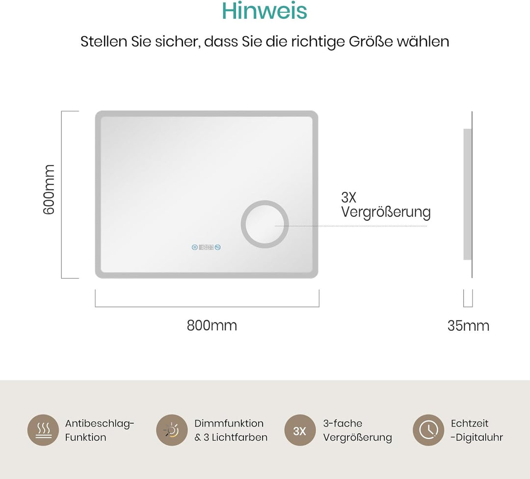 EMKE Badspiegel mit Beleuchtung 80x60cm Badezimmerspiegel mit 3 Lichtfarben dimmbar, Antibeschlag, U