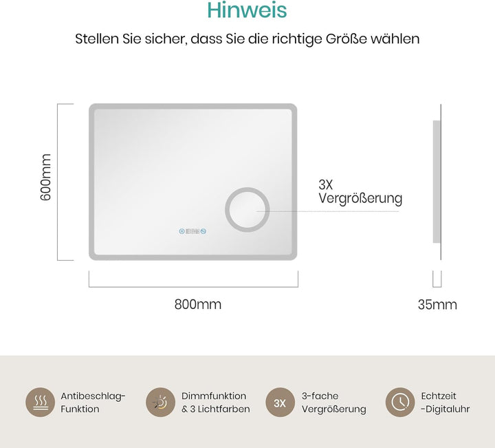 EMKE Badspiegel mit Beleuchtung 80x60cm Badezimmerspiegel mit 3 Lichtfarben dimmbar, Antibeschlag, U