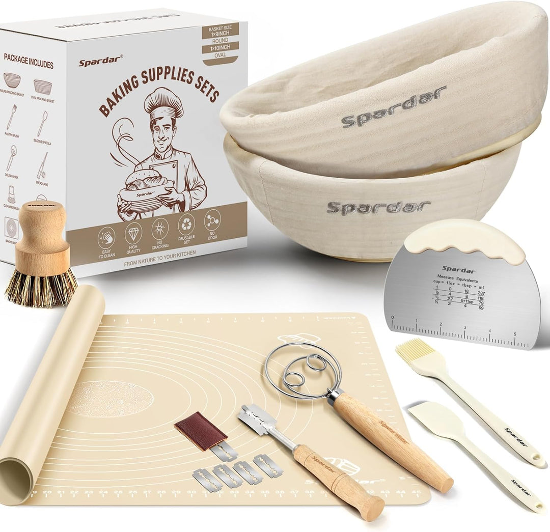 Spardar Brot Gärkorb Set, 23cm Runden und 25cm Ovalen Sauerteigkörben, 100% natürlichem Rattan, Gärk