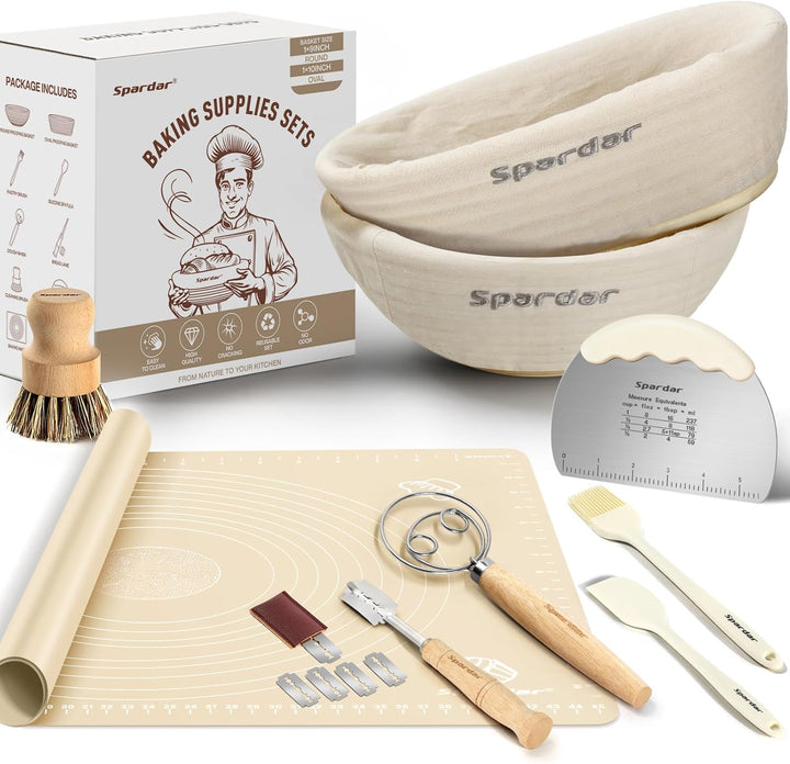 Spardar Brot Gärkorb Set, 23cm Runden und 25cm Ovalen Sauerteigkörben, 100% natürlichem Rattan, Gärk