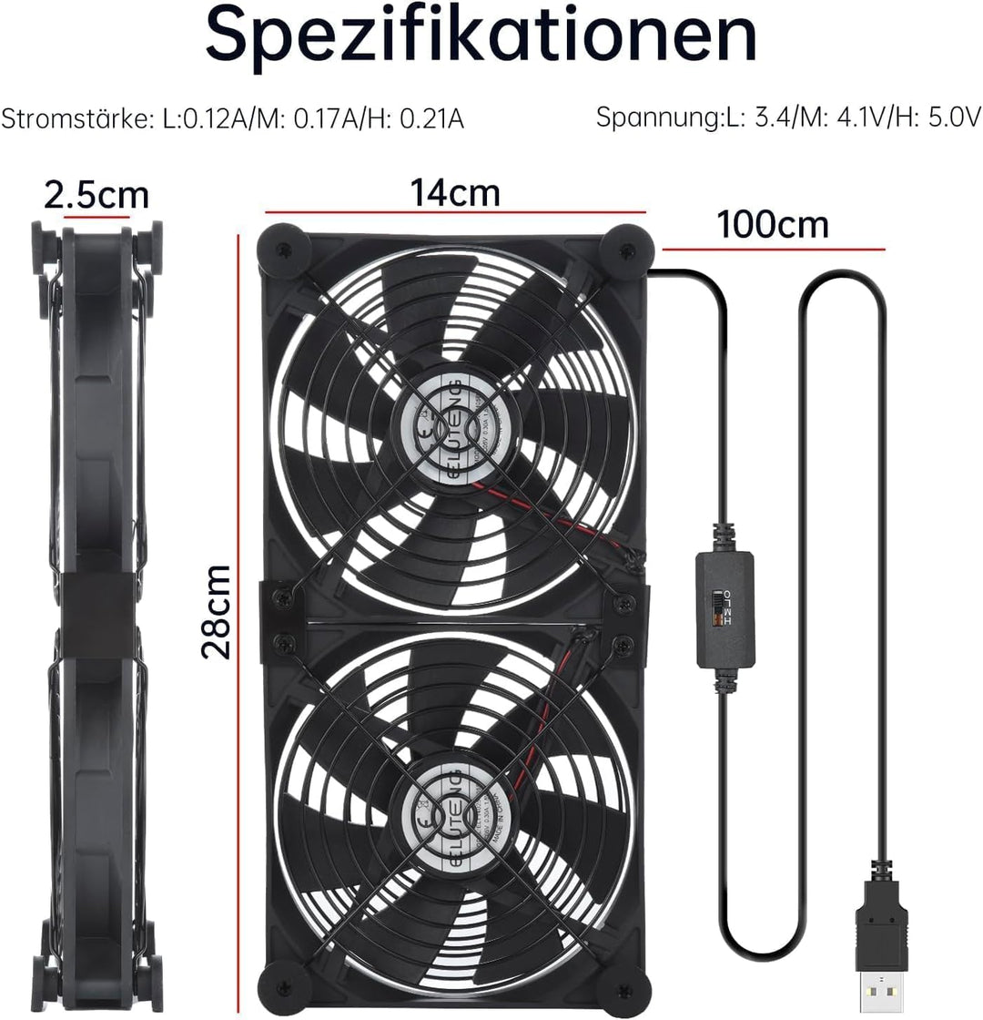 ELUTENG USB Lüfter 140mm 5V 2 in 1 mit 3 Einstellbare Geschwindigkeiten, Doppelt USB Computer Ventil