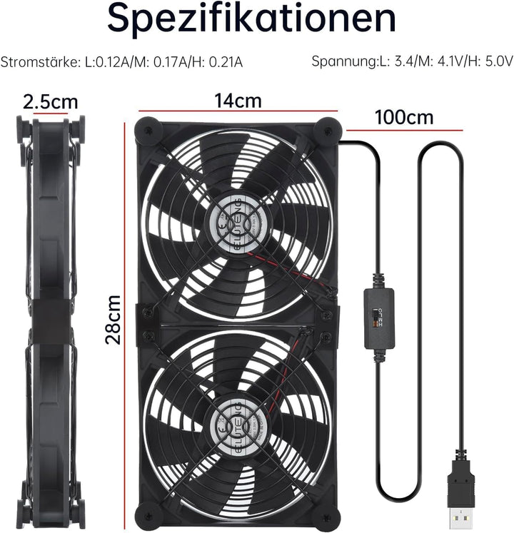 ELUTENG USB Lüfter 140mm 5V 2 in 1 mit 3 Einstellbare Geschwindigkeiten, Doppelt USB Computer Ventil