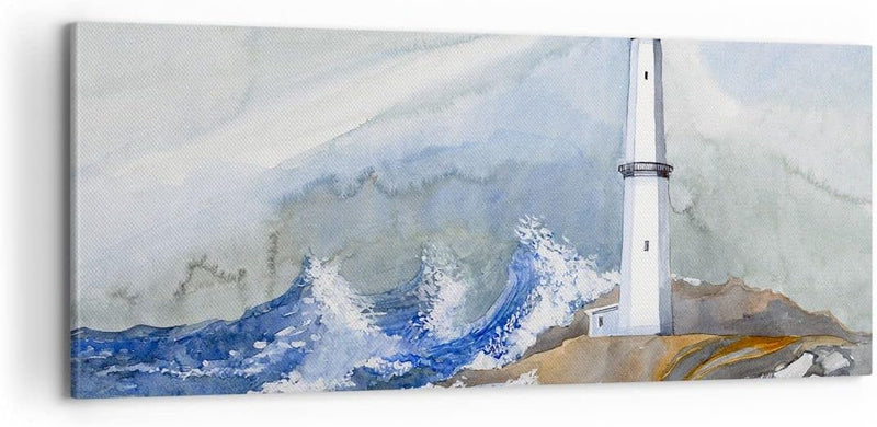 Bilder auf Leinwand 100x40cm Leinwandbild Leuchtturm Wasser Illustration Welle Gross Wanddeko Bild S