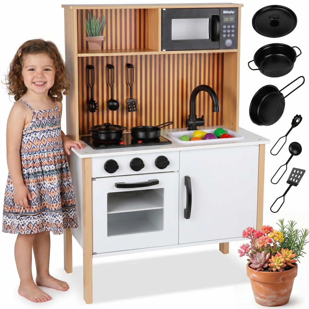 Kinderküche aus Holz mit Licht & Sound – Spielküche mit Zubehör, Herd, Backofen, Spüle, Mikrowelle –